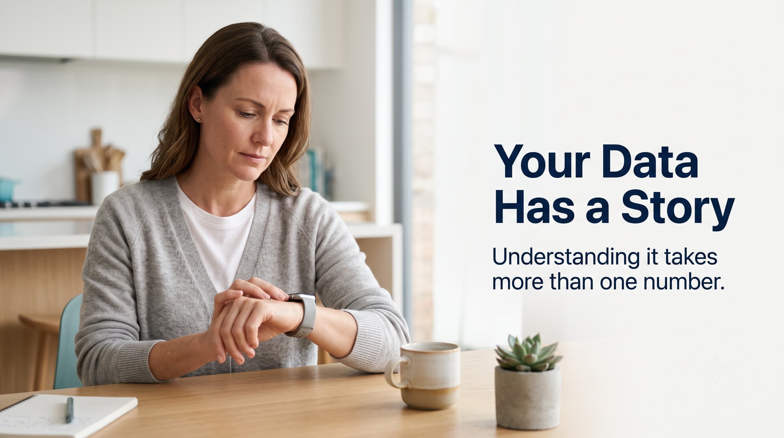 Someone checking their wearable data, unsure what it means