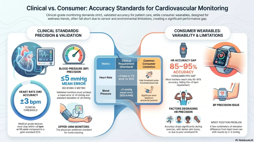Cardiovascular_Monitoring_Accuracy_Standards Four-quadrant comparison grid rating chest straps, smartwatches, and arm cuffs on movement accuracy, comfort, and battery life.