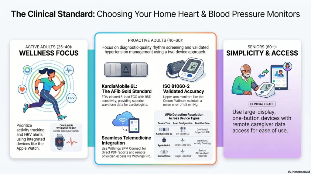 Home_Heart_Health_Monitoring_Guide Demographic health roadmap outlining key heart telemetry metrics across life stages from active young adults to seniors.